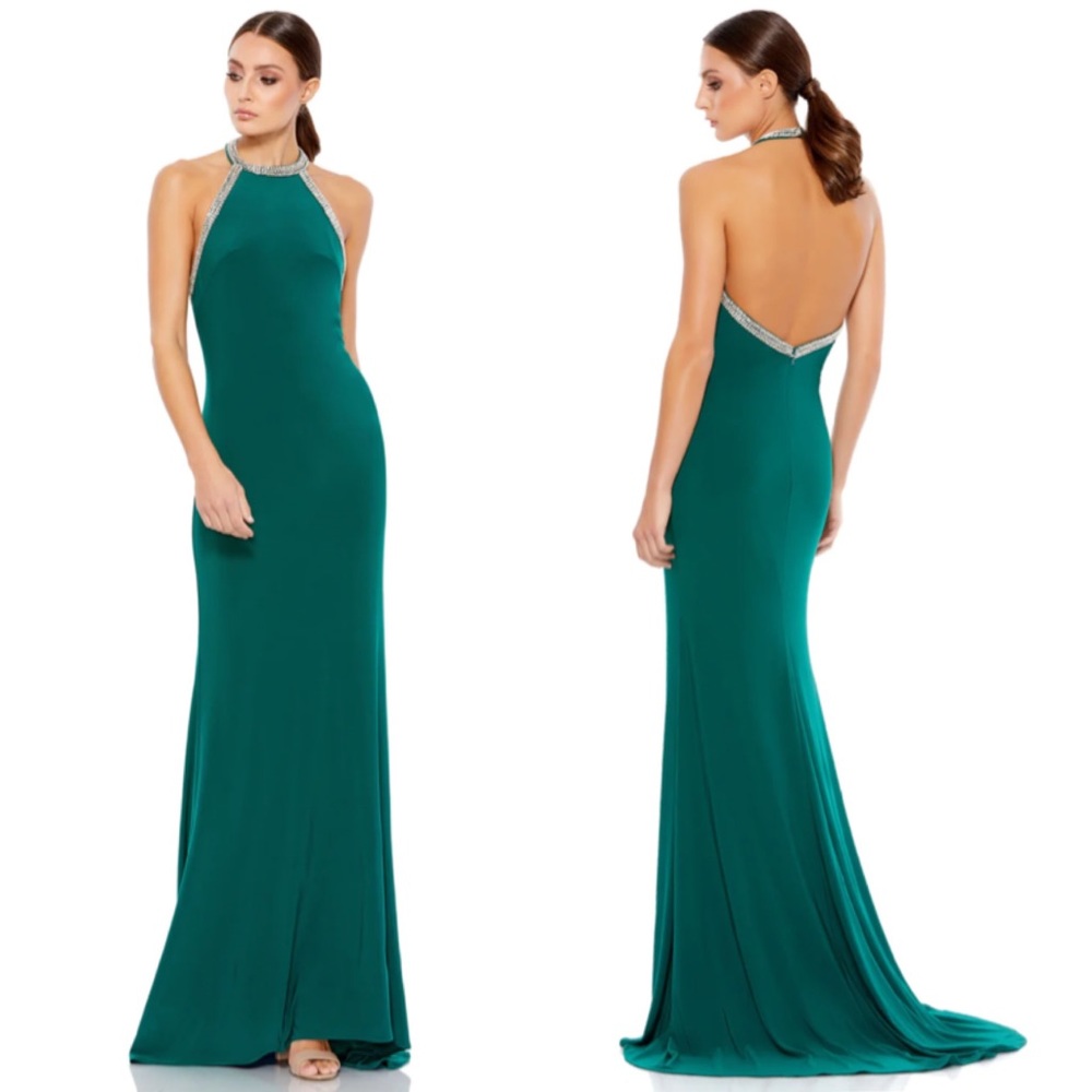 Mac Duggal Halter Rhinestone Accented Evening Gown 55285 Emerald Green 4 NWT